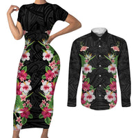 Hawaii Tropical Flowers Couples Matching Short Sleeve Bodycon Dress and Long Sleeve Button Shirt Black Polynesian Tattoo Art LT05 Black - Polynesian Pride