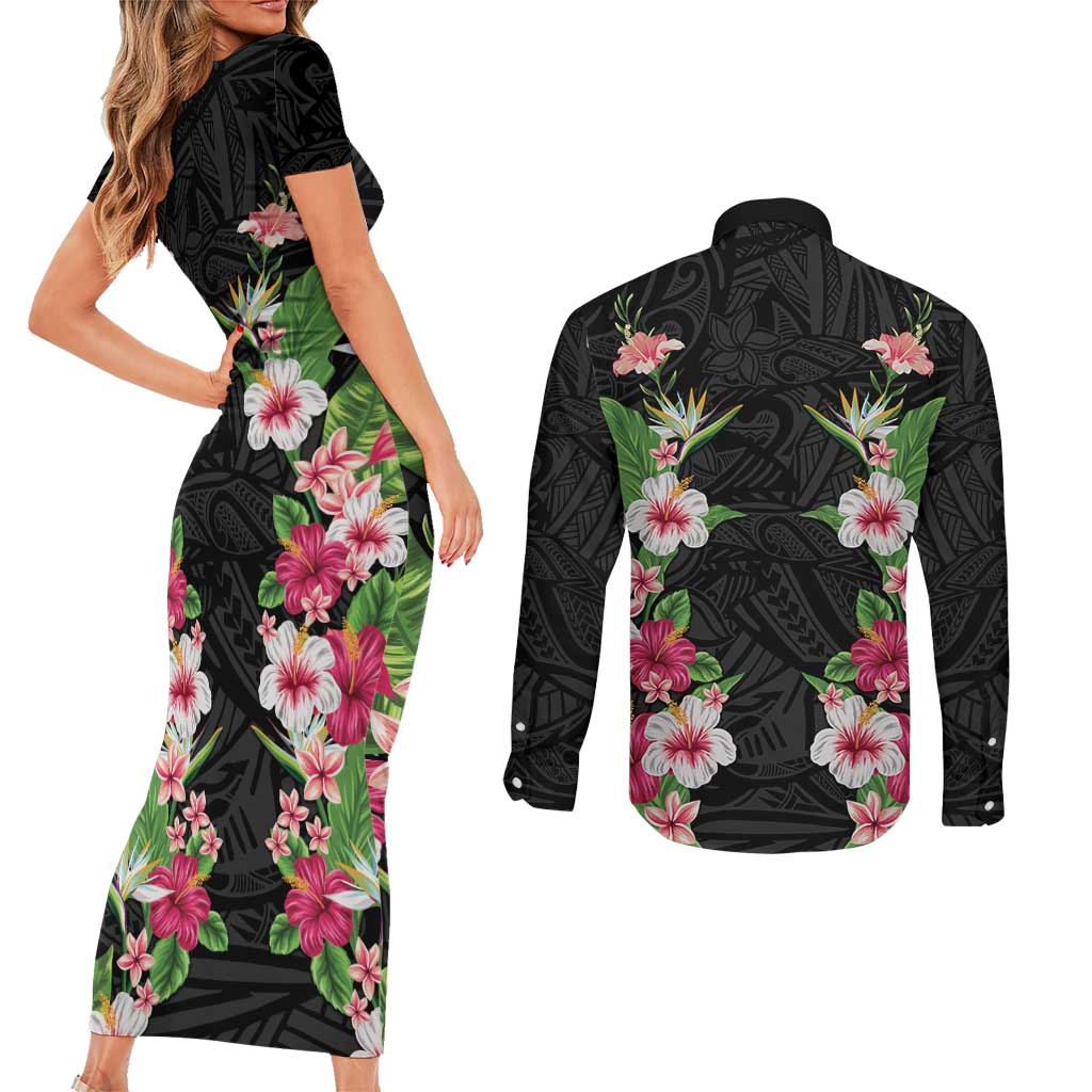 Hawaii Tropical Flowers Couples Matching Short Sleeve Bodycon Dress and Long Sleeve Button Shirt Black Polynesian Tattoo Art LT05 - Polynesian Pride