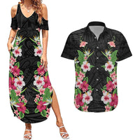 Hawaii Tropical Flowers Couples Matching Summer Maxi Dress and Hawaiian Shirt Black Polynesian Tattoo Art LT05 Black - Polynesian Pride