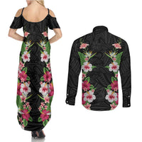 Hawaii Tropical Flowers Couples Matching Summer Maxi Dress and Long Sleeve Button Shirt Black Polynesian Tattoo Art LT05 - Polynesian Pride