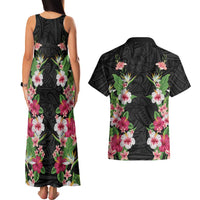 Hawaii Tropical Flowers Couples Matching Tank Maxi Dress and Hawaiian Shirt Black Polynesian Tattoo Art LT05 - Polynesian Pride
