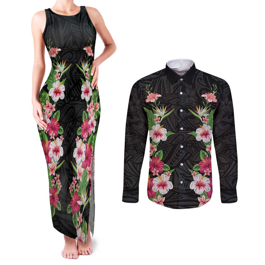 Hawaii Tropical Flowers Couples Matching Tank Maxi Dress and Long Sleeve Button Shirt Black Polynesian Tattoo Art LT05 Black - Polynesian Pride