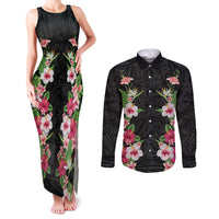 Hawaii Tropical Flowers Couples Matching Tank Maxi Dress and Long Sleeve Button Shirt Black Polynesian Tattoo Art LT05 Black - Polynesian Pride