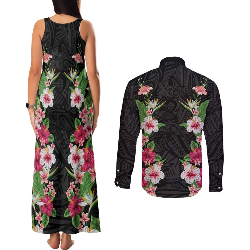 Hawaii Tropical Flowers Couples Matching Tank Maxi Dress and Long Sleeve Button Shirt Black Polynesian Tattoo Art LT05 - Polynesian Pride