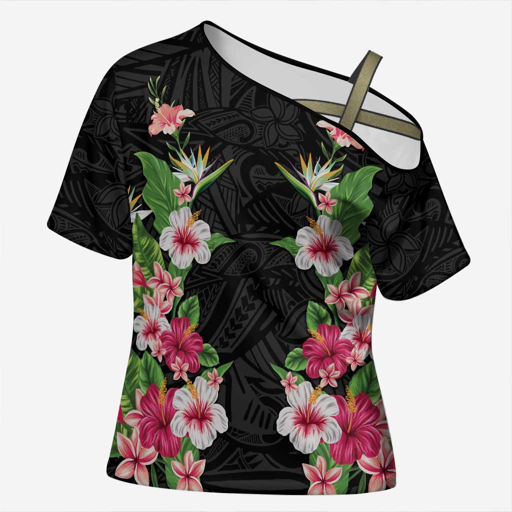 Hawaii Tropical Flowers Cross Shoulder Shirt Black Polynesian Tattoo Art LT05 Female Black - Polynesian Pride
