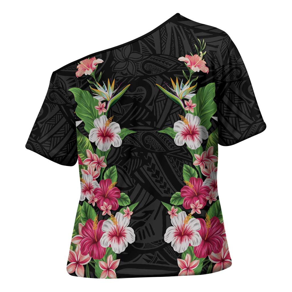 Hawaii Tropical Flowers Cross Shoulder Shirt Black Polynesian Tattoo Art LT05 - Polynesian Pride