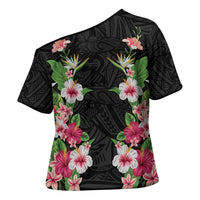 Hawaii Tropical Flowers Cross Shoulder Shirt Black Polynesian Tattoo Art LT05 - Polynesian Pride