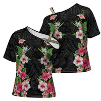 Hawaii Tropical Flowers Cross Shoulder Shirt Black Polynesian Tattoo Art LT05 - Polynesian Pride