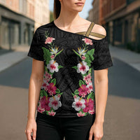 Hawaii Tropical Flowers Cross Shoulder Shirt Black Polynesian Tattoo Art LT05 - Polynesian Pride