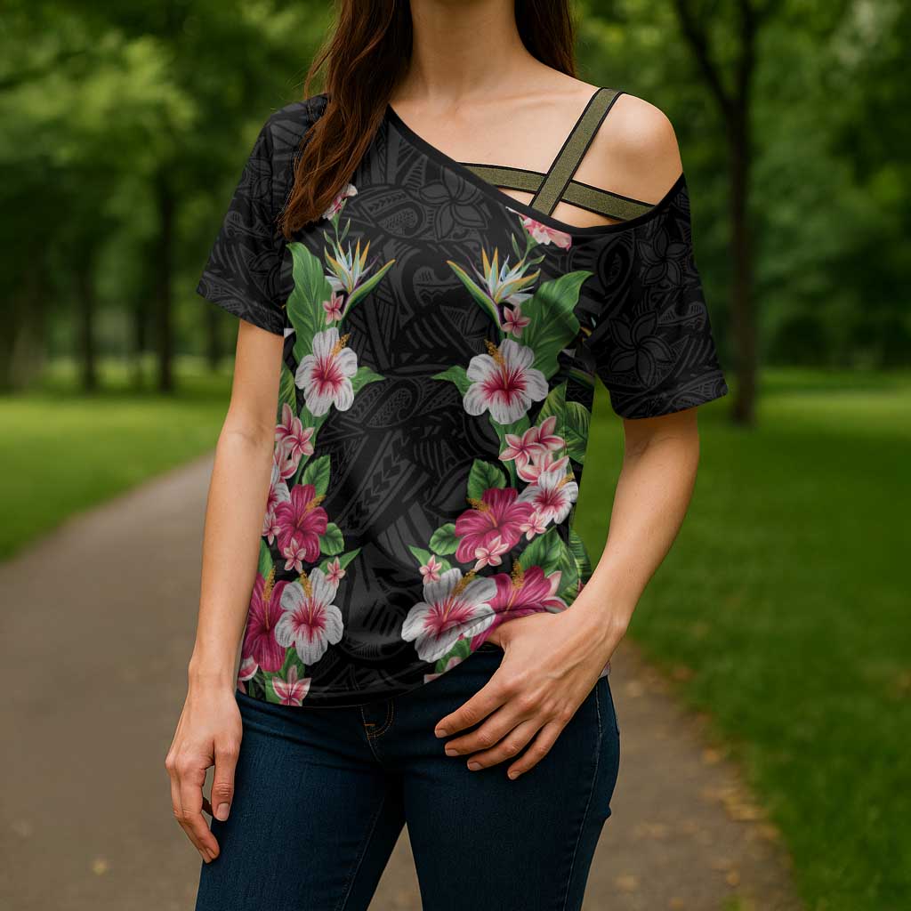 Hawaii Tropical Flowers Cross Shoulder Shirt Black Polynesian Tattoo Art LT05 - Polynesian Pride