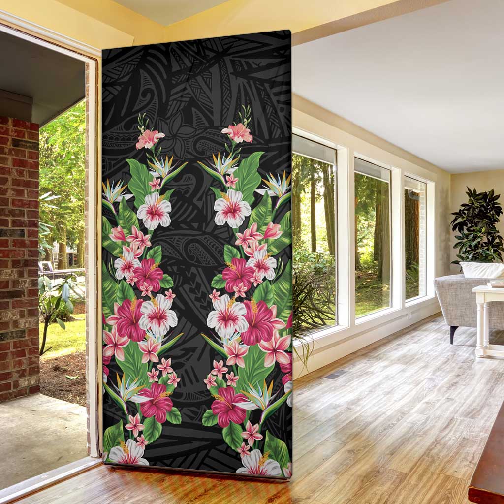 Hawaii Tropical Flowers Door Cover Black Polynesian Tattoo Art