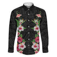 Hawaii Tropical Flowers Family Matching Long Sleeve Bodycon Dress and Hawaiian Shirt Black Polynesian Tattoo Art LT05 Dad's Shirt - Long Sleeve Black - Polynesian Pride