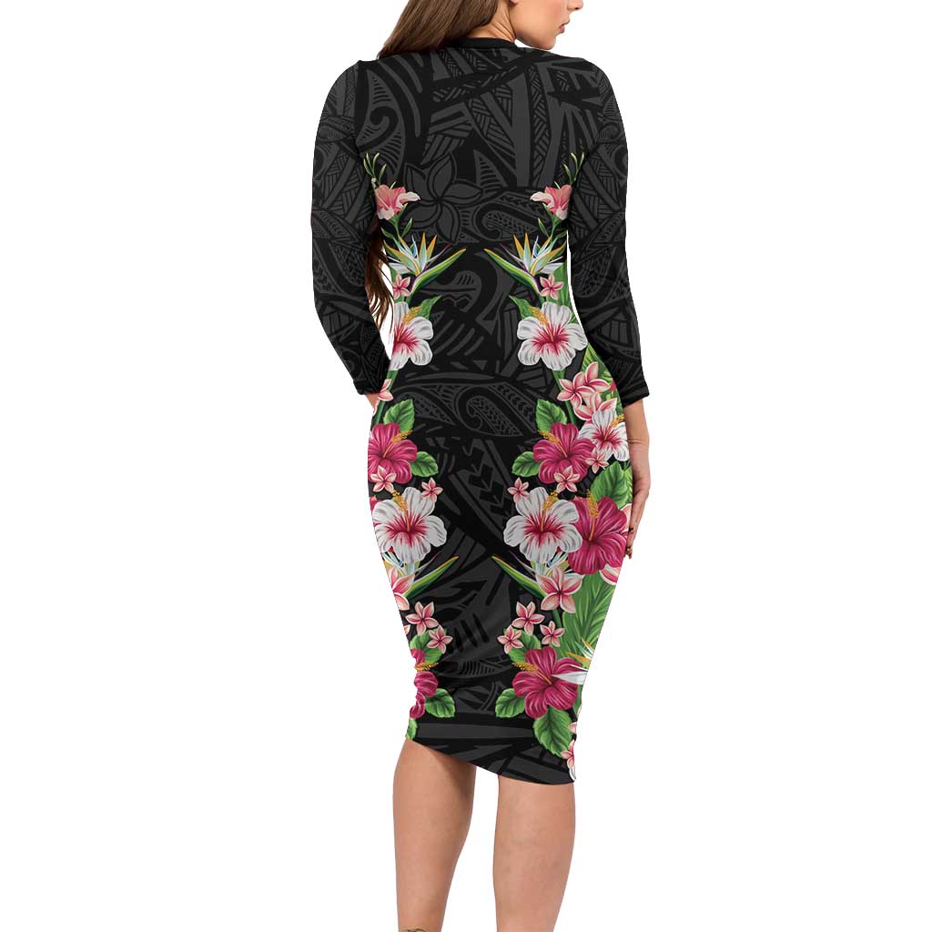 Hawaii Tropical Flowers Family Matching Long Sleeve Bodycon Dress and Hawaiian Shirt Black Polynesian Tattoo Art LT05 - Polynesian Pride