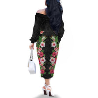 Hawaii Tropical Flowers Family Matching Off The Shoulder Long Sleeve Dress and Hawaiian Shirt Black Polynesian Tattoo Art LT05 - Polynesian Pride