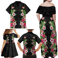 Hawaii Tropical Flowers Family Matching Off Shoulder Maxi Dress and Hawaiian Shirt Black Polynesian Tattoo Art LT05 - Polynesian Pride