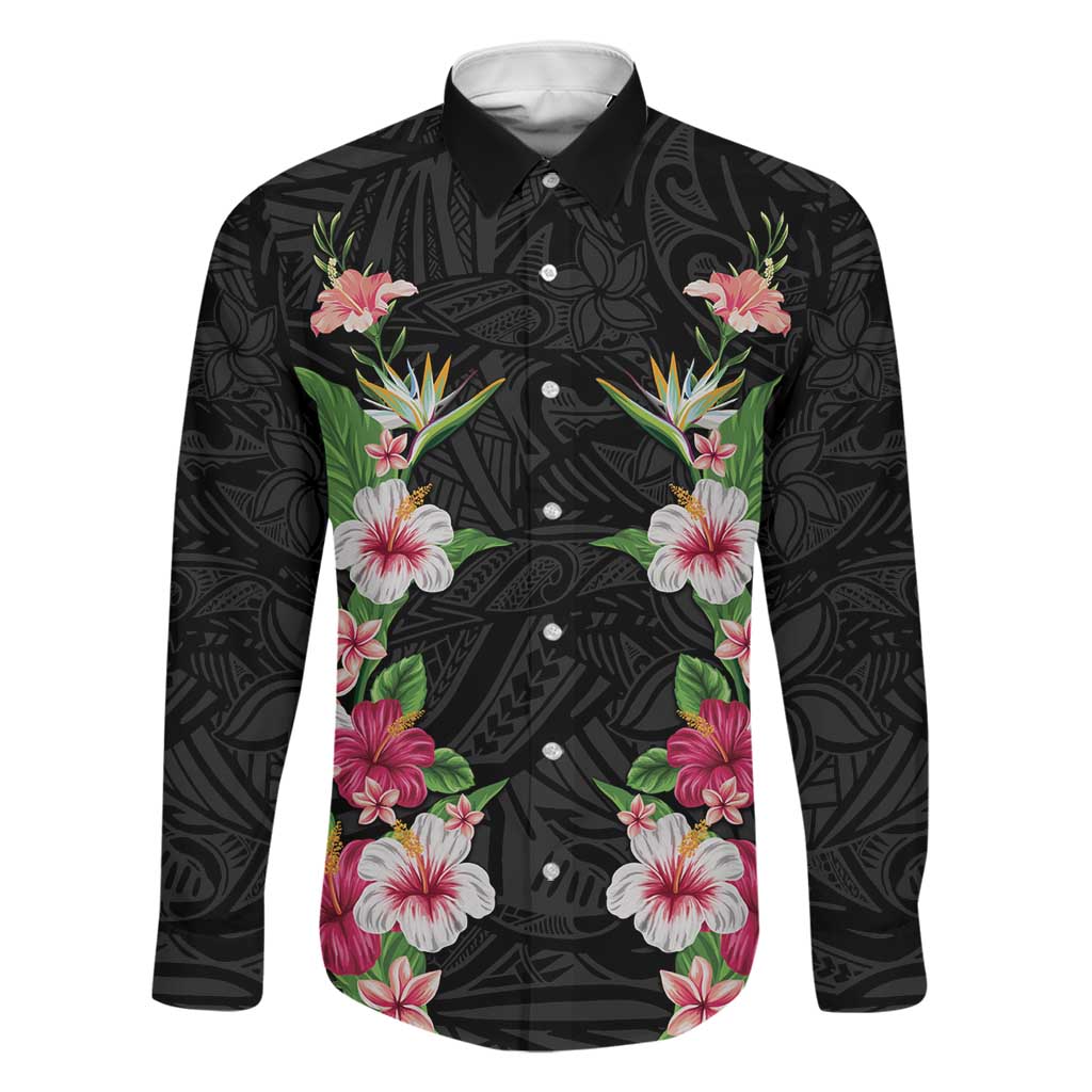 Hawaii Tropical Flowers Family Matching Off Shoulder Maxi Dress and Hawaiian Shirt Black Polynesian Tattoo Art LT05 Dad's Shirt - Long Sleeve Black - Polynesian Pride