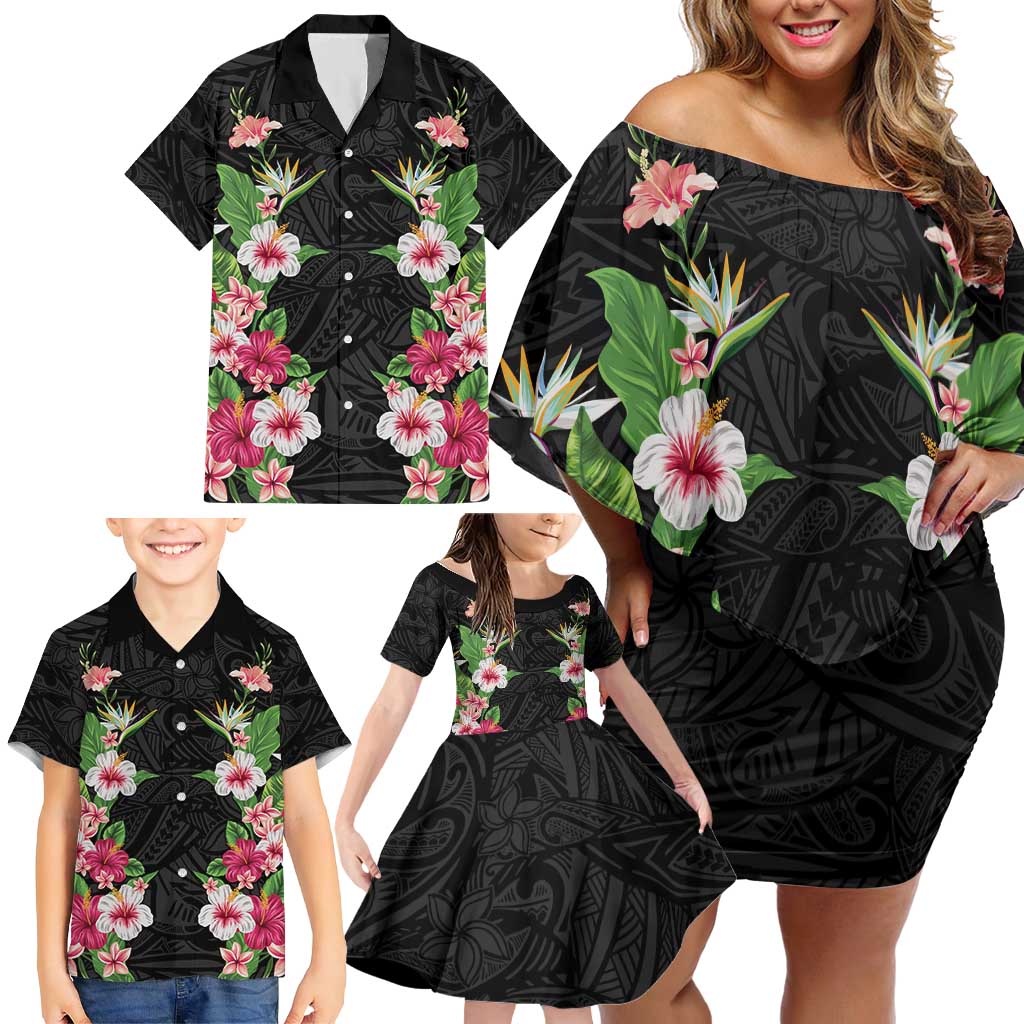 Hawaii Tropical Flowers Family Matching Off Shoulder Short Dress and Hawaiian Shirt Black Polynesian Tattoo Art LT05 - Polynesian Pride