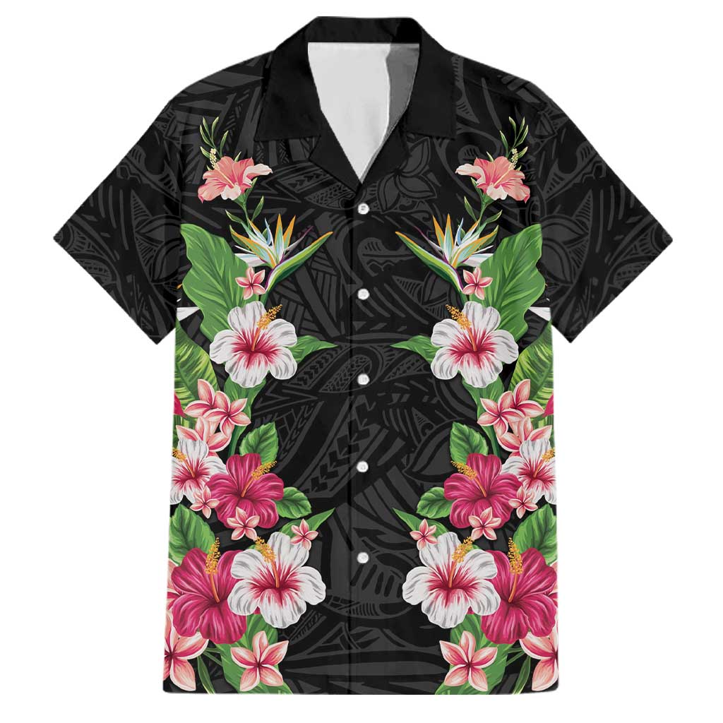 Hawaii Tropical Flowers Family Matching Off Shoulder Short Dress and Hawaiian Shirt Black Polynesian Tattoo Art LT05 Dad's Shirt - Short Sleeve Black - Polynesian Pride