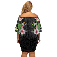Hawaii Tropical Flowers Family Matching Off Shoulder Short Dress and Hawaiian Shirt Black Polynesian Tattoo Art LT05 - Polynesian Pride