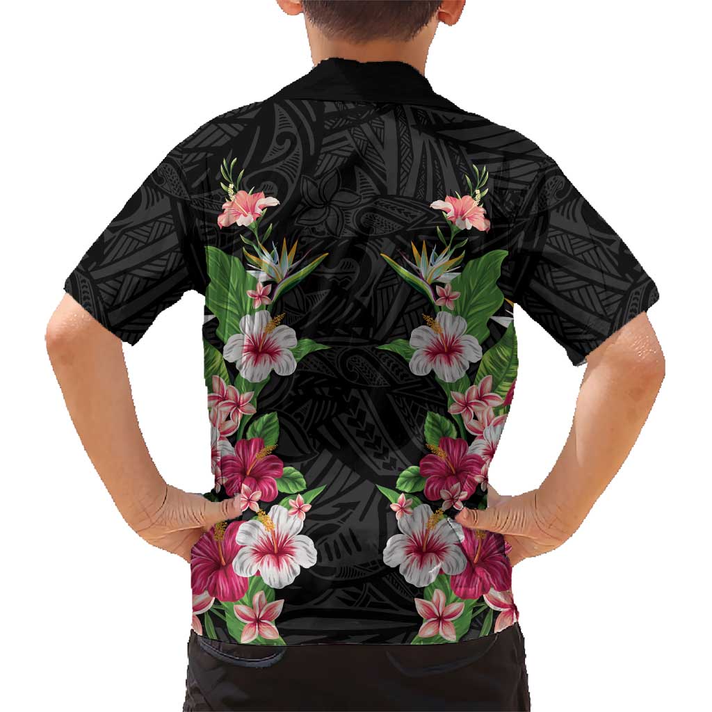 Hawaii Tropical Flowers Family Matching Puletasi and Hawaiian Shirt Black Polynesian Tattoo Art LT05 - Polynesian Pride