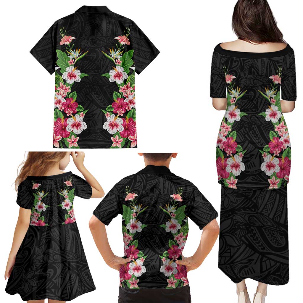 Hawaii Tropical Flowers Family Matching Puletasi and Hawaiian Shirt Black Polynesian Tattoo Art LT05 - Polynesian Pride