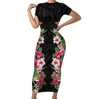 Hawaii Tropical Flowers Family Matching Short Sleeve Bodycon Dress and Hawaiian Shirt Black Polynesian Tattoo Art LT05 Mom's Dress Black - Polynesian Pride