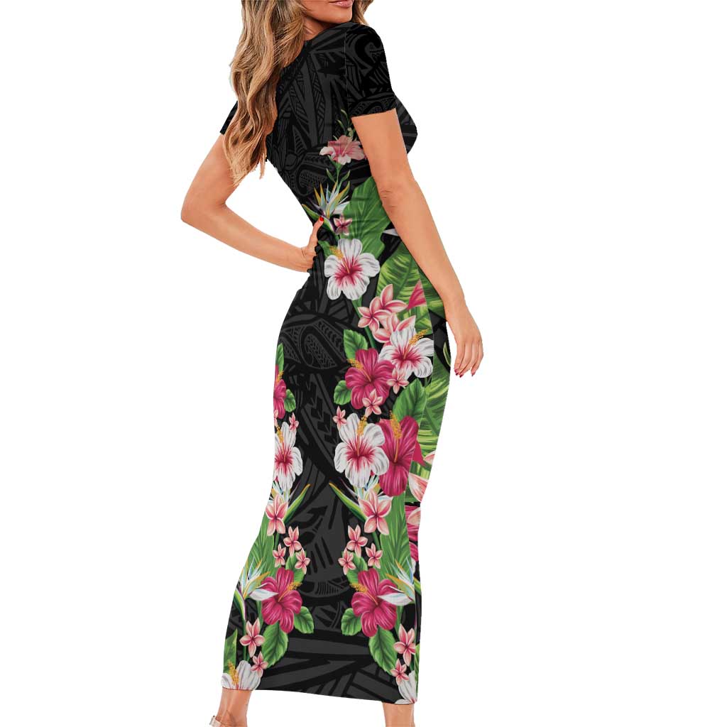 Hawaii Tropical Flowers Family Matching Short Sleeve Bodycon Dress and Hawaiian Shirt Black Polynesian Tattoo Art LT05 - Polynesian Pride