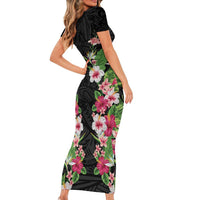 Hawaii Tropical Flowers Family Matching Short Sleeve Bodycon Dress and Hawaiian Shirt Black Polynesian Tattoo Art LT05 - Polynesian Pride