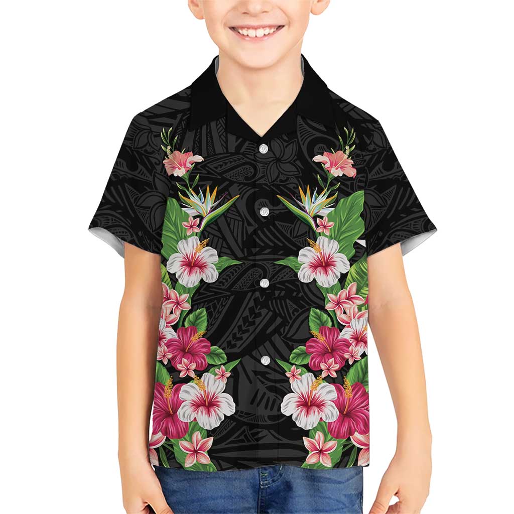 Hawaii Tropical Flowers Family Matching Short Sleeve Bodycon Dress and Hawaiian Shirt Black Polynesian Tattoo Art LT05 Son's Shirt Black - Polynesian Pride