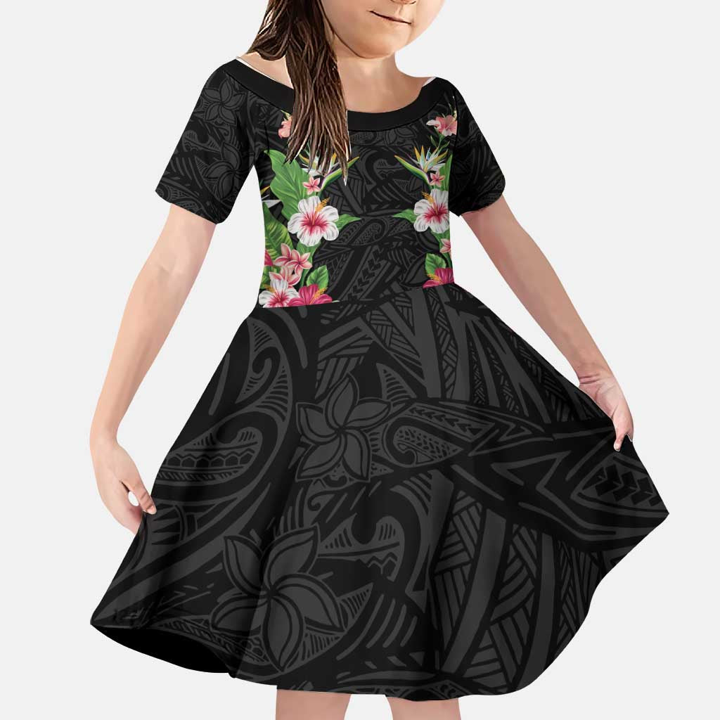 Hawaii Tropical Flowers Family Matching Summer Maxi Dress and Hawaiian Shirt Black Polynesian Tattoo Art LT05 Daughter's Dress Black - Polynesian Pride