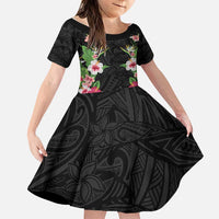 Hawaii Tropical Flowers Family Matching Tank Maxi Dress and Hawaiian Shirt Black Polynesian Tattoo Art LT05 Daughter's Dress Black - Polynesian Pride