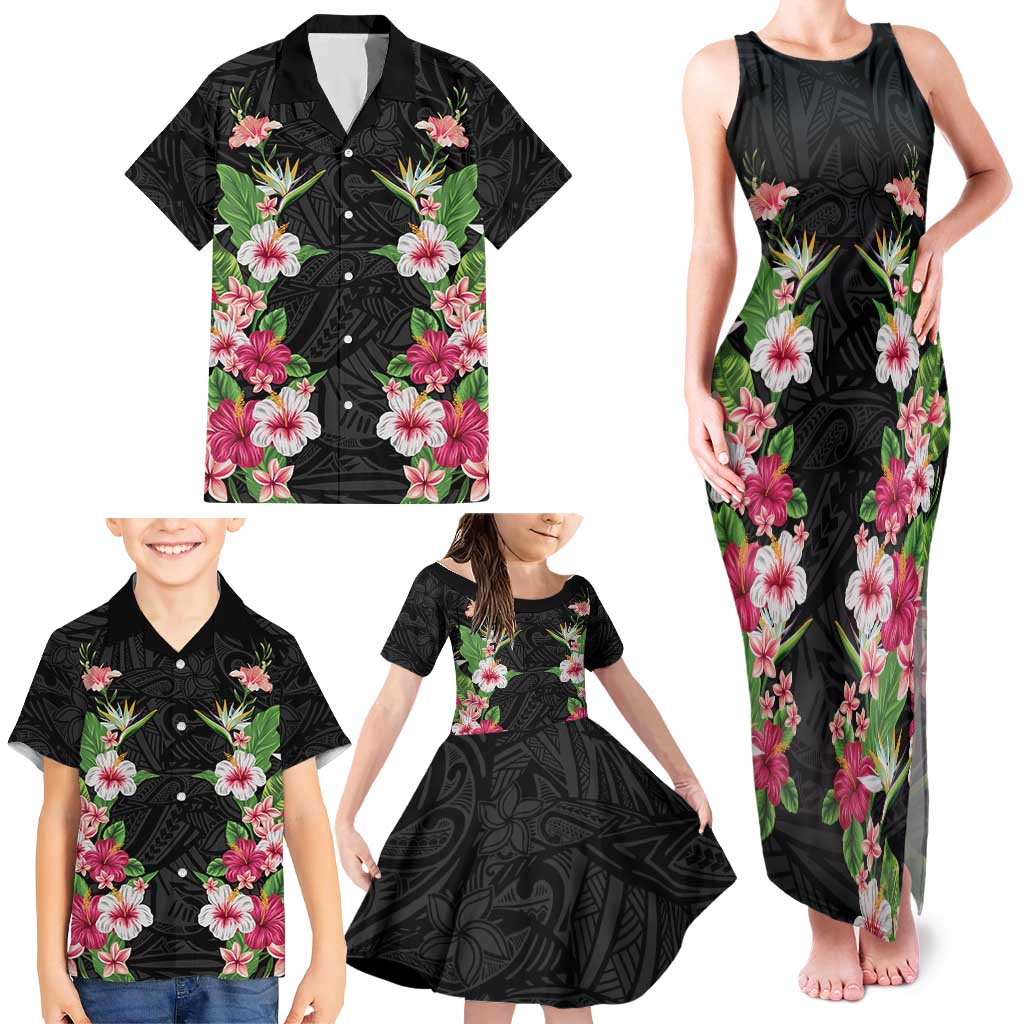 Hawaii Tropical Flowers Family Matching Tank Maxi Dress and Hawaiian Shirt Black Polynesian Tattoo Art LT05 - Polynesian Pride