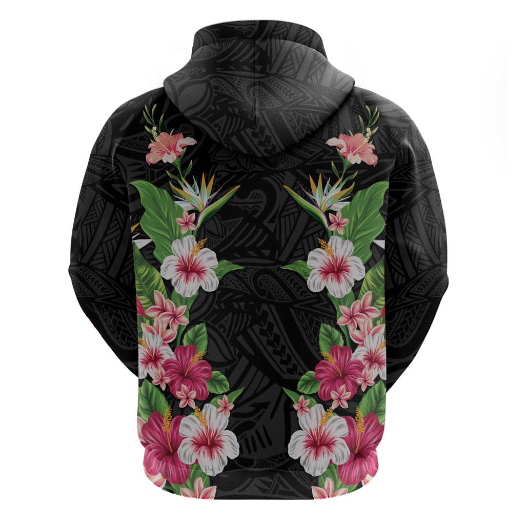 Hawaii Tropical Flowers Hoodie Black Polynesian Tattoo Art