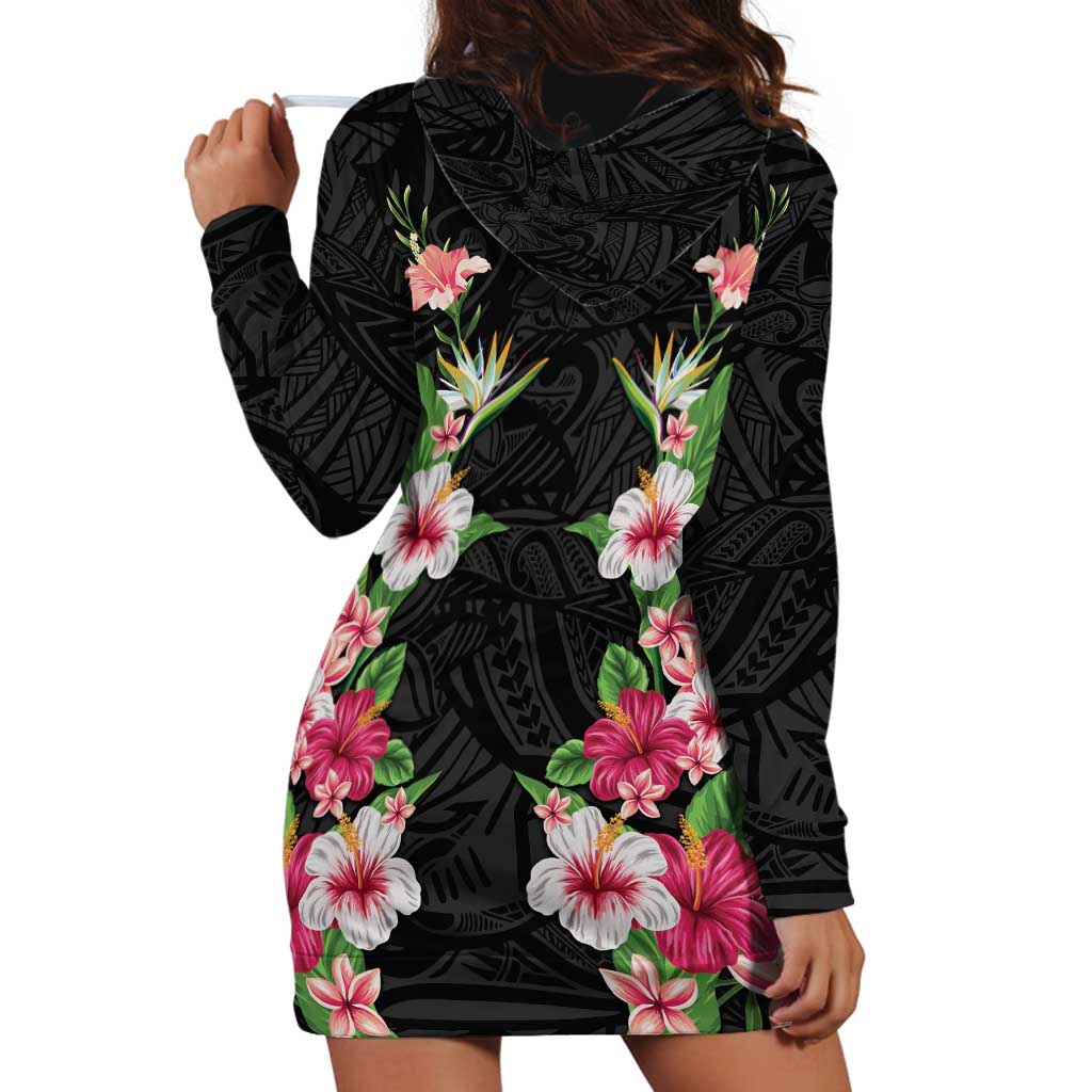 Hawaii Tropical Flowers Hoodie Dress Black Polynesian Tattoo Art