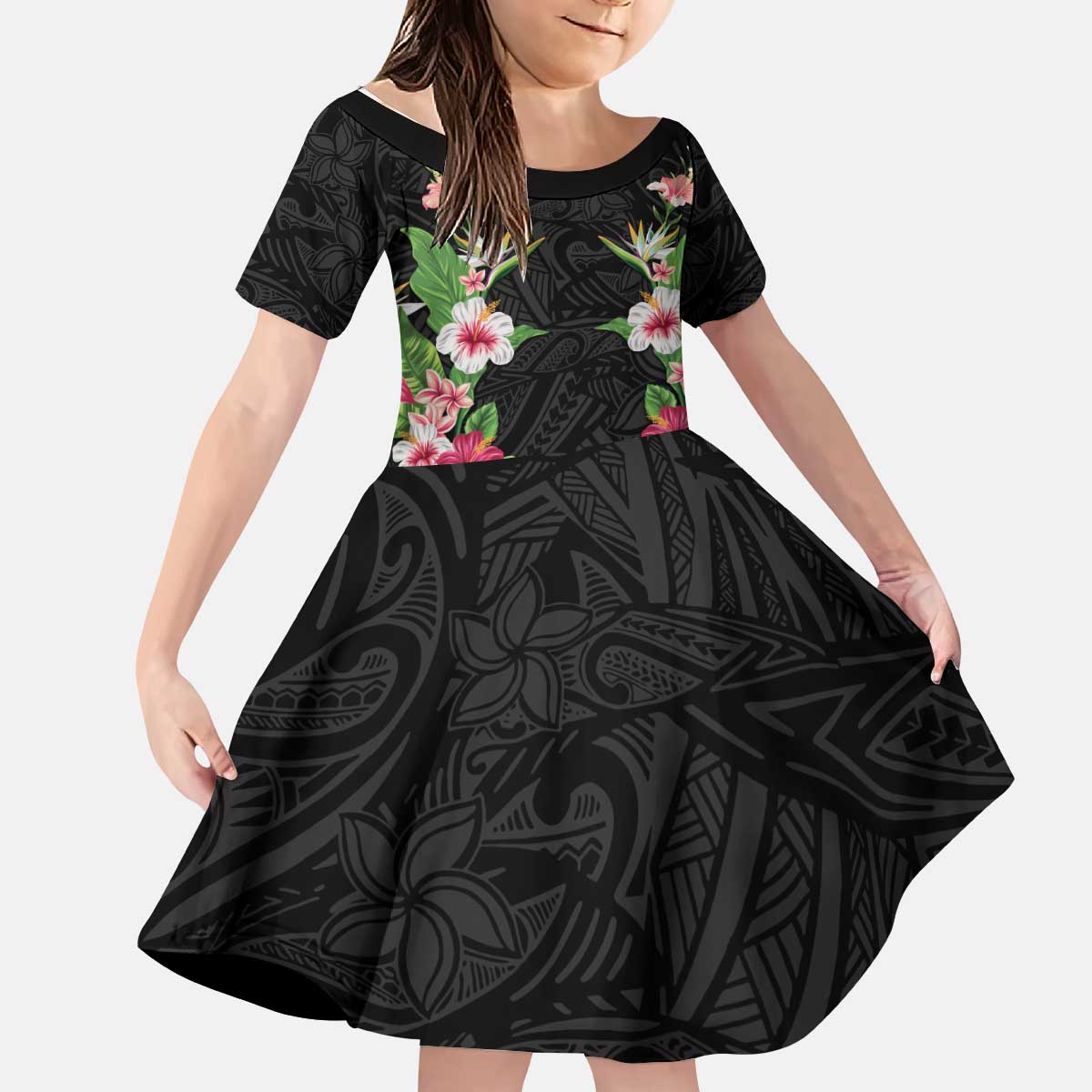 Hawaii Tropical Flowers Kid Short Sleeve Dress Black Polynesian Tattoo Art
