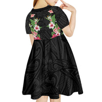 Hawaii Tropical Flowers Kid Short Sleeve Dress Black Polynesian Tattoo Art