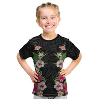 Hawaii Tropical Flowers Kid T Shirt Black Polynesian Tattoo Art