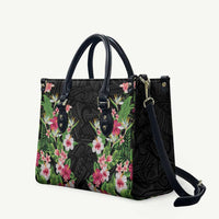 Hawaii Tropical Flowers Leather Bag Black Polynesian Tattoo Art