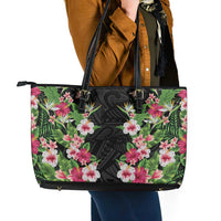 Hawaii Tropical Flowers Leather Tote Bag Black Polynesian Tattoo Art