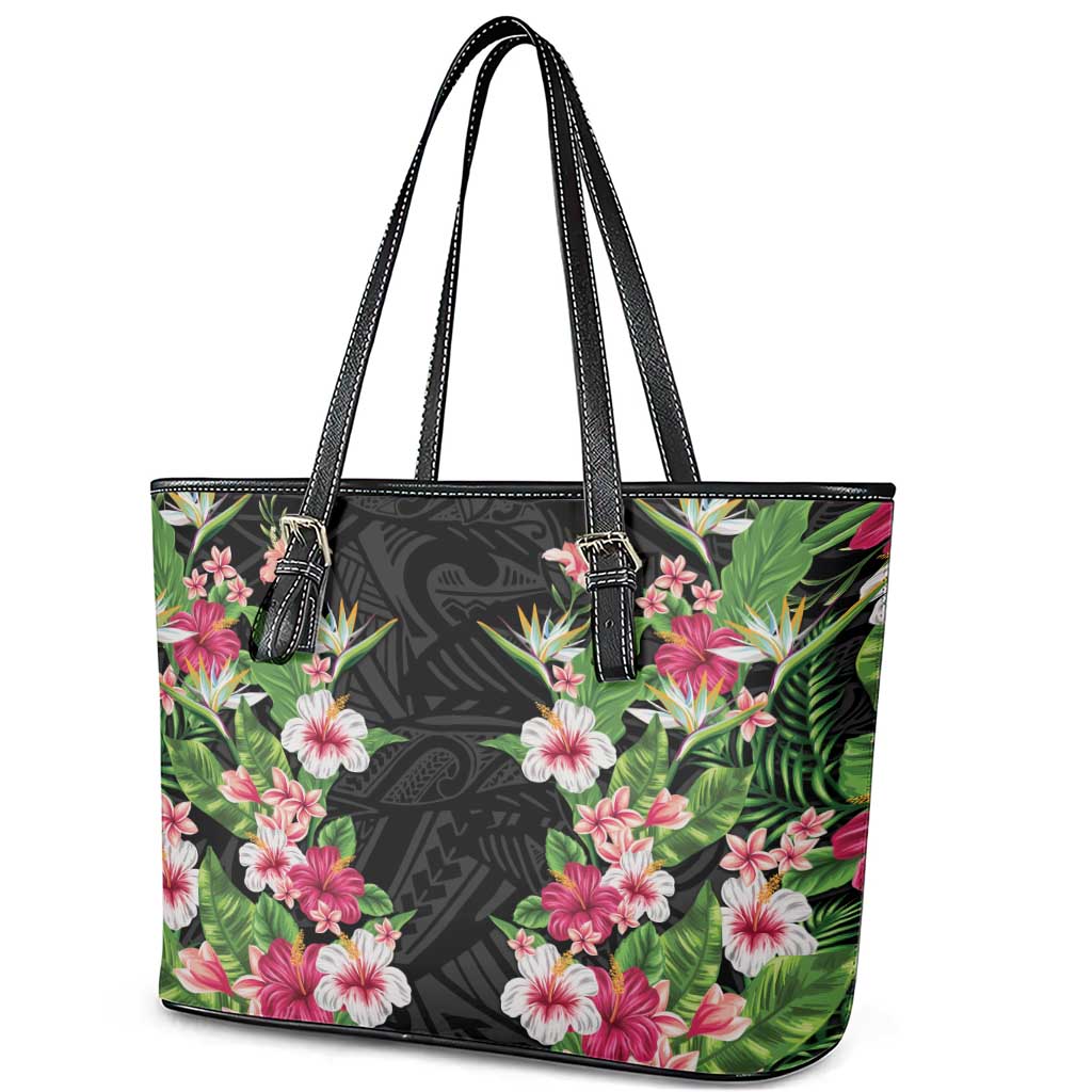 Hawaii Tropical Flowers Leather Tote Bag Black Polynesian Tattoo Art
