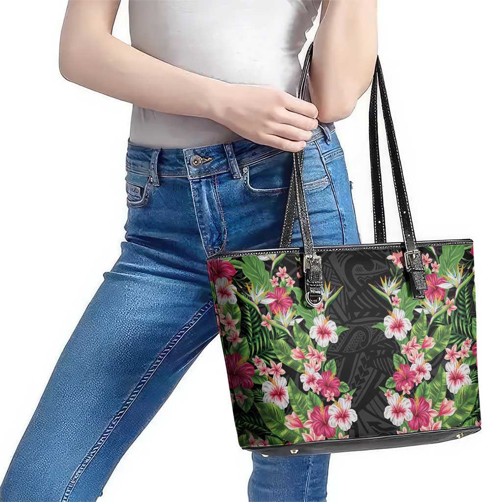 Hawaii Tropical Flowers Leather Tote Bag Black Polynesian Tattoo Art