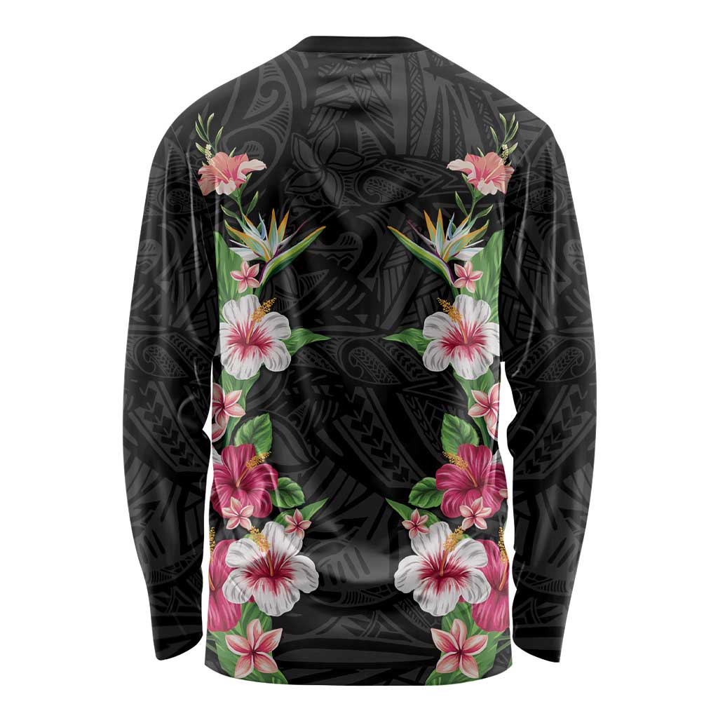 Hawaii Tropical Flowers Long Sleeve Shirt Black Polynesian Tattoo Art