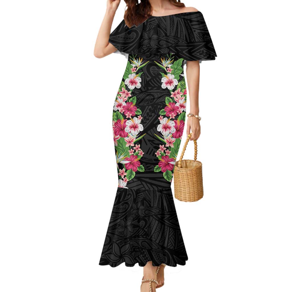 Hawaii Tropical Flowers Mermaid Dress Black Polynesian Tattoo Art LT05 Women Black - Polynesian Pride