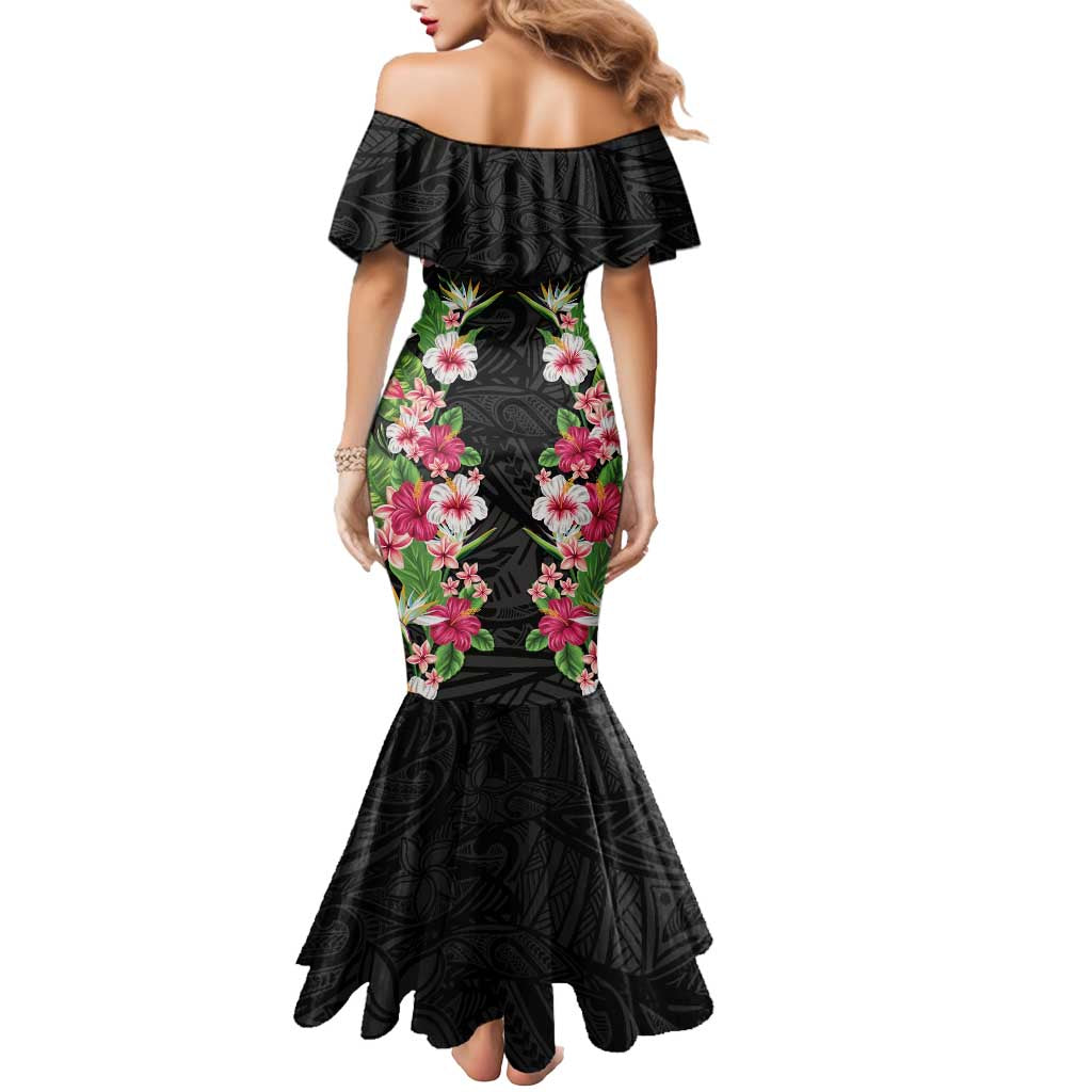 Hawaii Tropical Flowers Mermaid Dress Black Polynesian Tattoo Art LT05 - Polynesian Pride