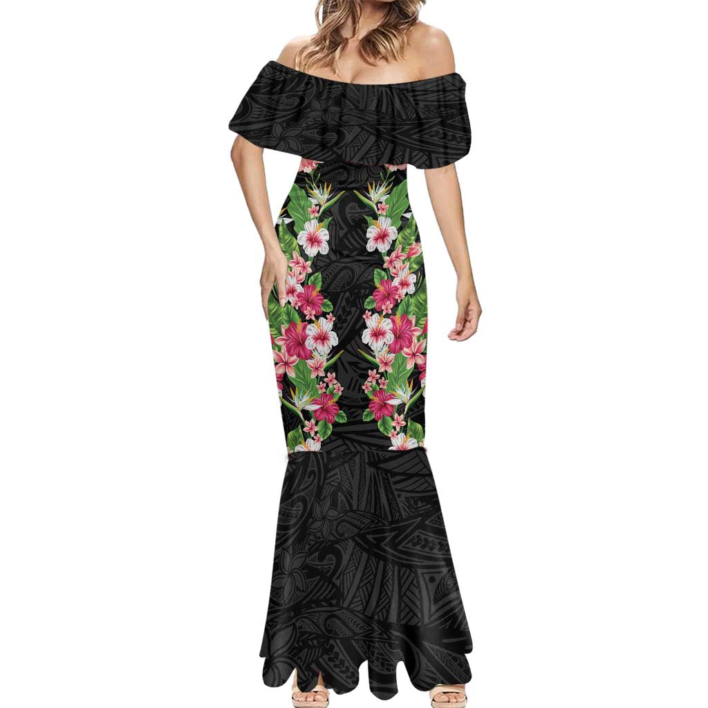 Hawaii Tropical Flowers Mermaid Dress Black Polynesian Tattoo Art LT05 - Polynesian Pride