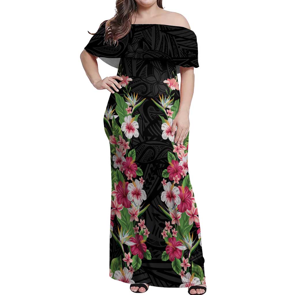 Hawaii Tropical Flowers Off Shoulder Maxi Dress Black Polynesian Tattoo Art