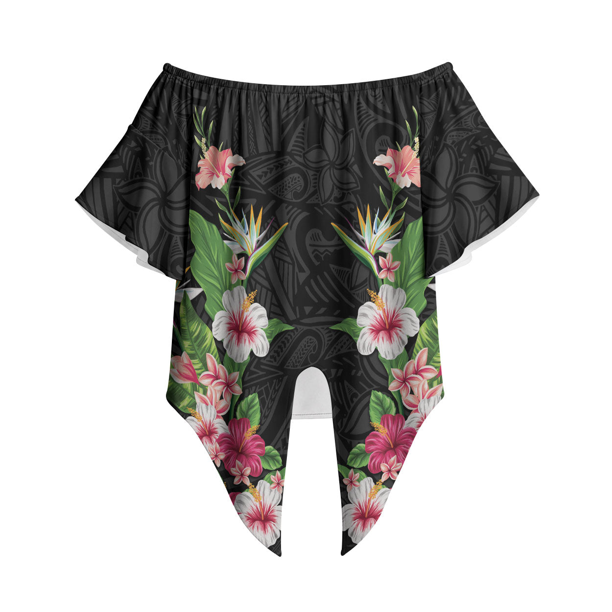 Hawaii Tropical Flowers Off Shoulder Wrap Waist Top Black Polynesian Tattoo Art LT05 Black - Polynesian Pride
