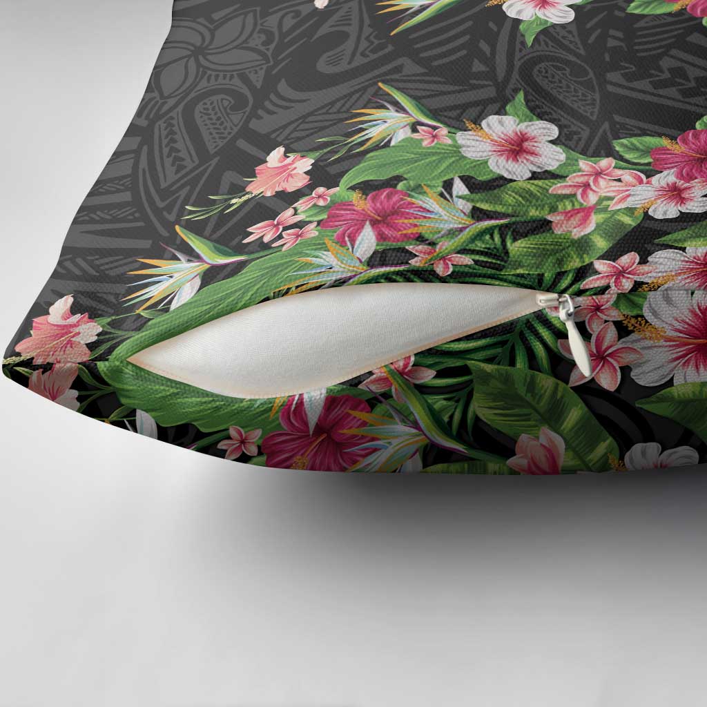 Hawaii Tropical Flowers Pillow Cover Black Polynesian Tattoo Art