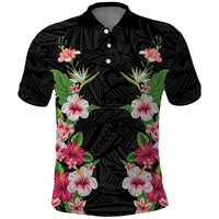 Hawaii Tropical Flowers Polo Shirt Black Polynesian Tattoo Art