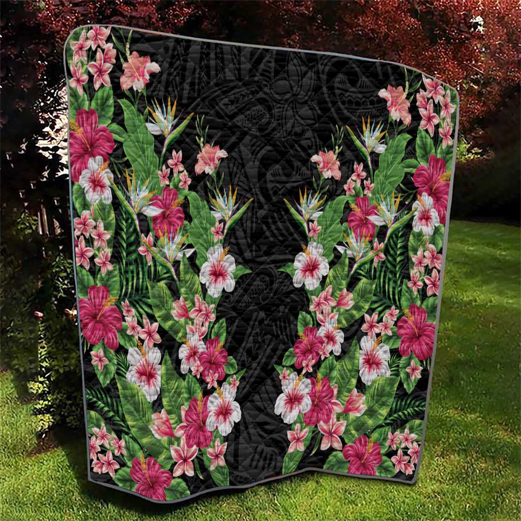 Hawaii Tropical Flowers Quilt Black Polynesian Tattoo Art